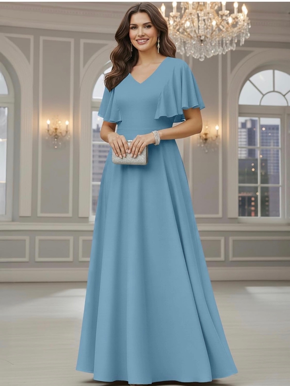 V-Neck Sky Blue Maxi Dress with Flutter Sleeves